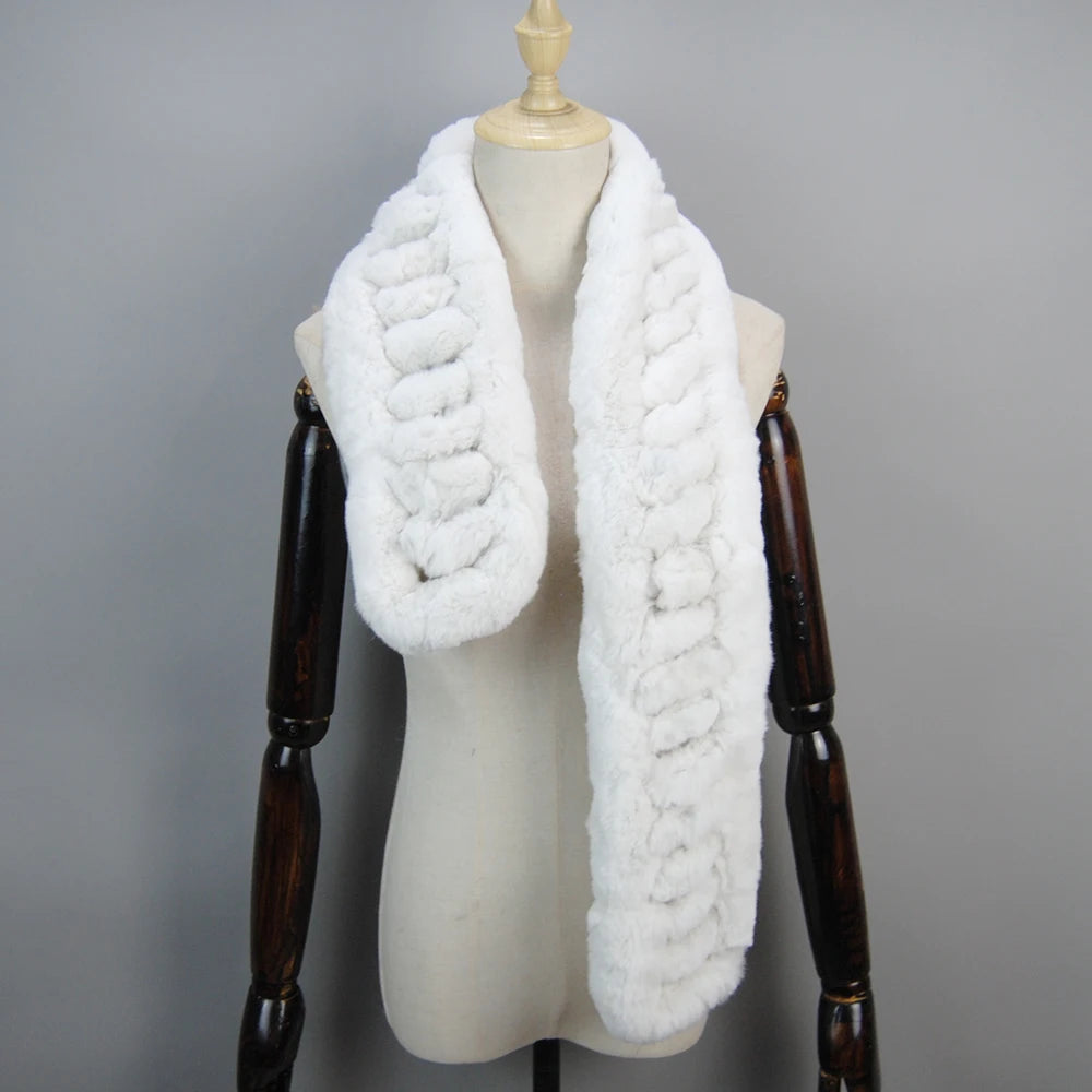 Winter Women Knitted Real Rex Rabbit Fur Scarf Natural Soft Long Style Rex Rabbit Fur Muffler Lady Warm 100% Genuine Fur Scarves