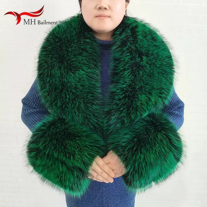 Large Winter Faux Fox Fur Scarf Women Jackets Warm Fluffy Shawl Fashion Artificial Fur Collar And Cuff Set Fluffy Scarves Female